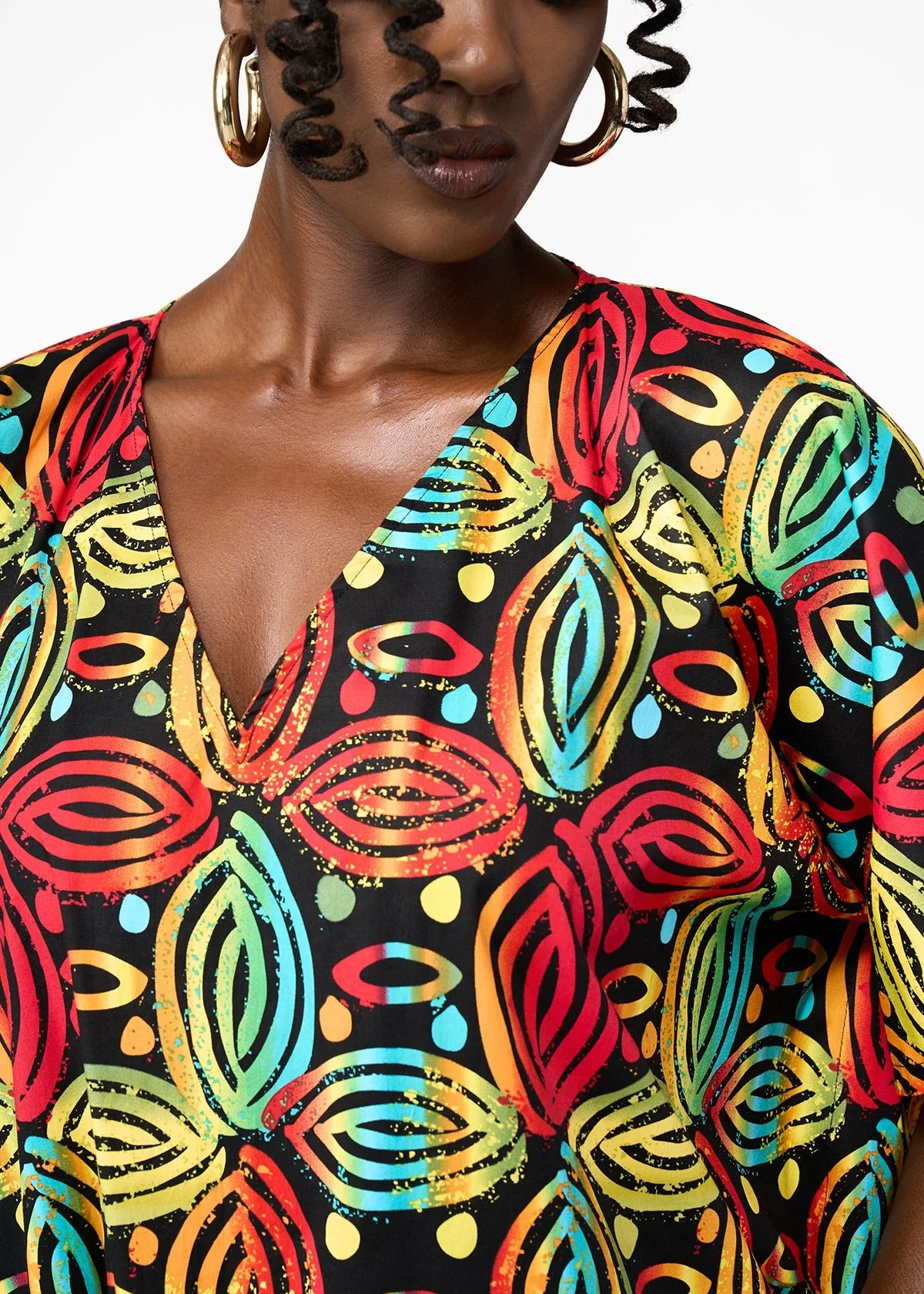 Nima Women's African Print Kaftan With Fringe (Black Rasta Batik) - Clearance - Image 2