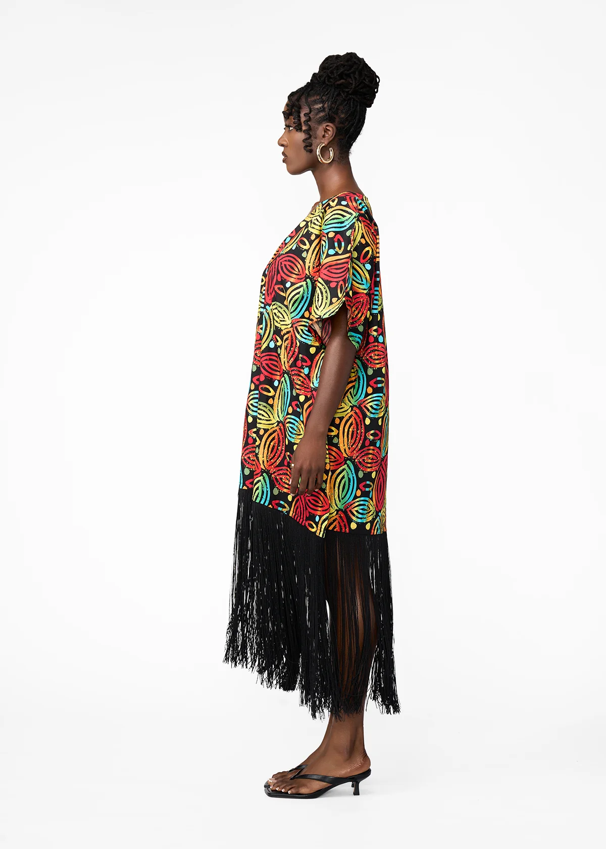 Nima Women's African Print Kaftan With Fringe (Black Rasta Batik) - Clearance - Image 3