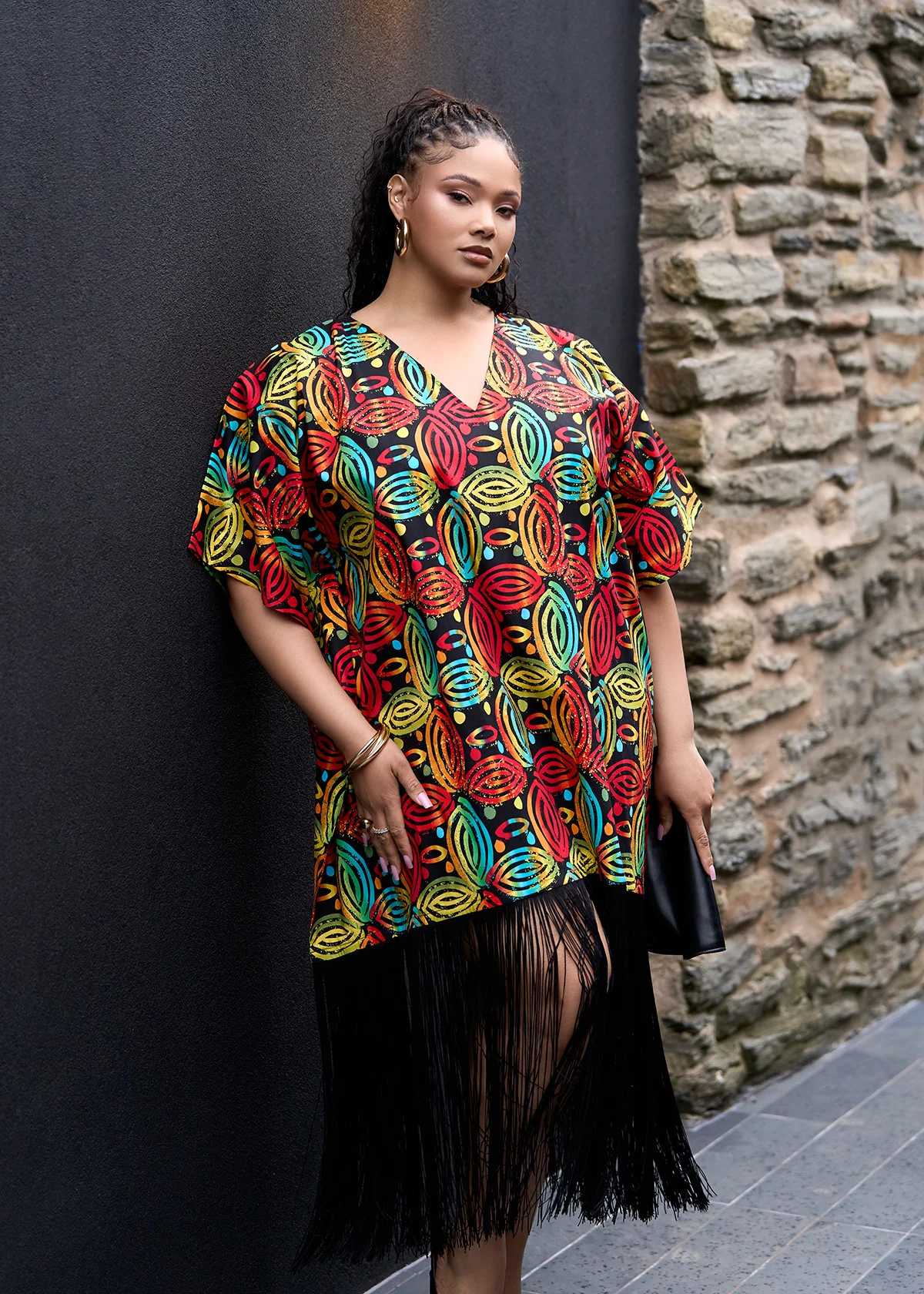 Nima Women's African Print Kaftan With Fringe (Black Rasta Batik) - Clearance - Image 4