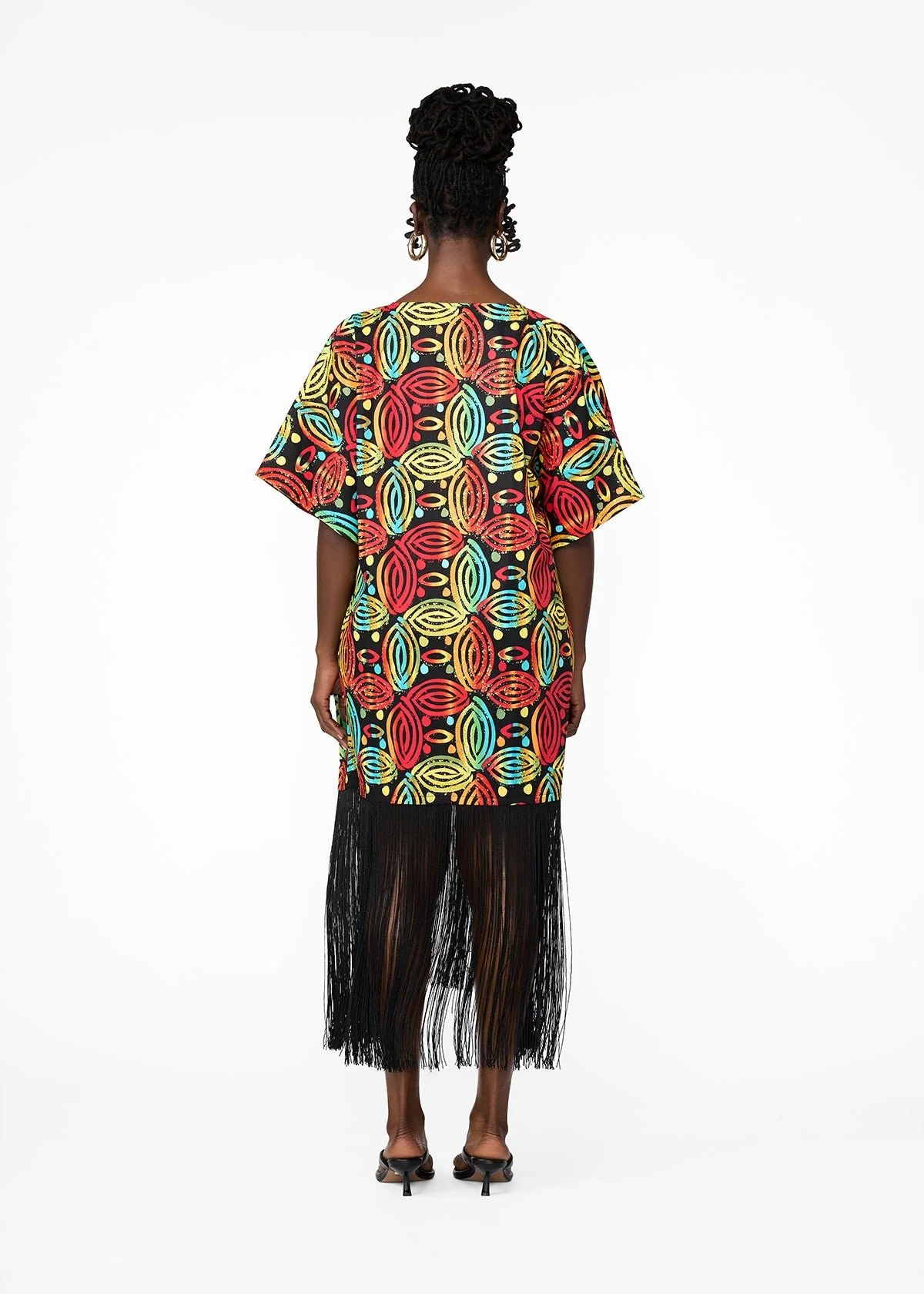 Nima Women's African Print Kaftan With Fringe (Black Rasta Batik) - Clearance - Image 5
