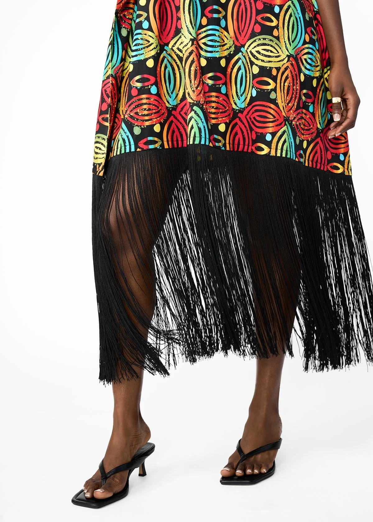Nima Women's African Print Kaftan With Fringe (Black Rasta Batik) - Clearance - Image 6