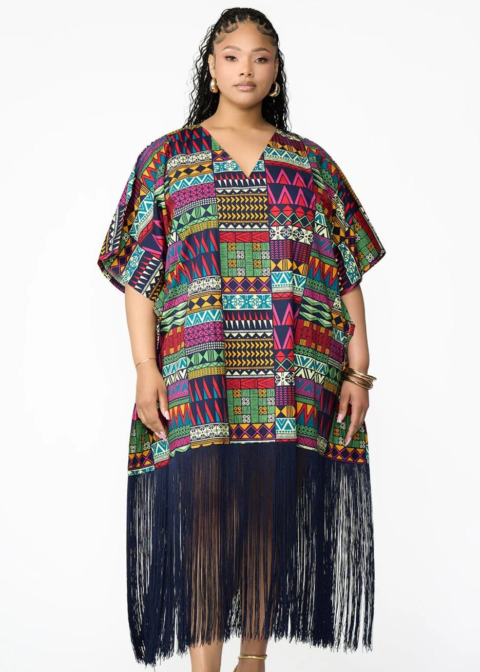 Nima Women's African Print Kaftan with Fringe (Green Navy Kente) - Clearance