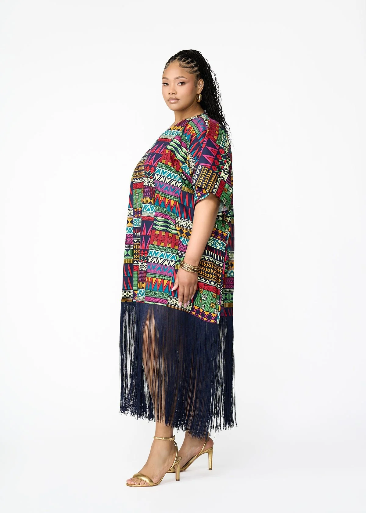 Nima Women's African Print Kaftan with Fringe (Green Navy Kente) - Clearance - Image 2