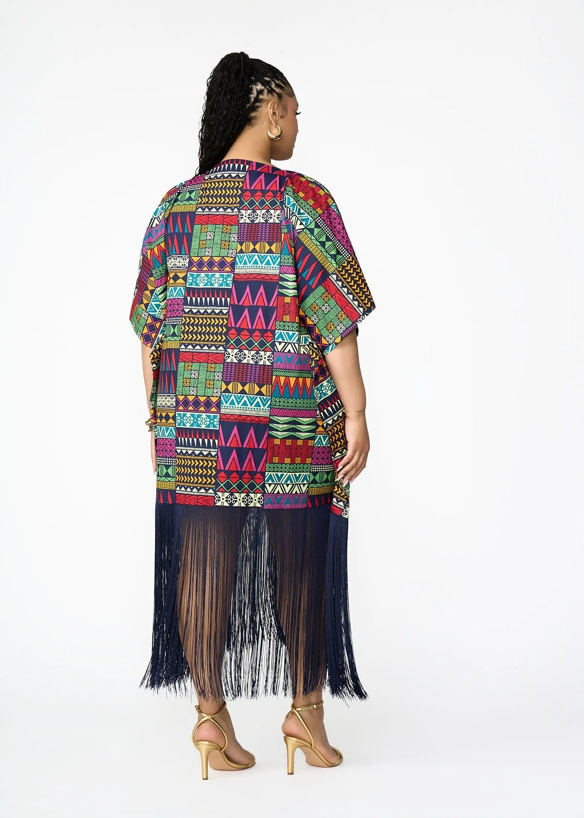 Nima Women's African Print Kaftan with Fringe (Green Navy Kente) - Clearance - Image 4