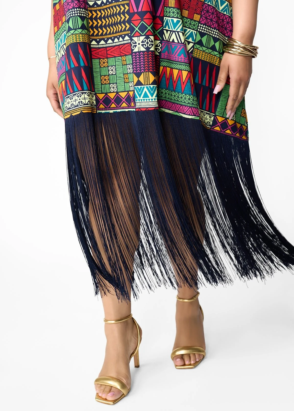 Nima Women's African Print Kaftan with Fringe (Green Navy Kente) - Clearance - Image 6