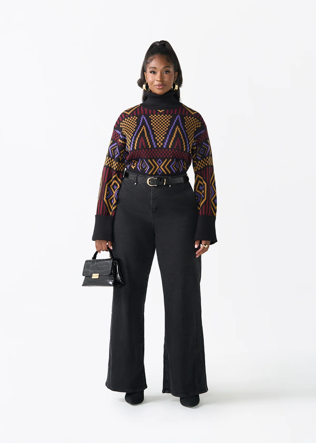 Noma Women's African Print Cropped Turtleneck Sweater (Black Burgundy Tribal) - Image 2