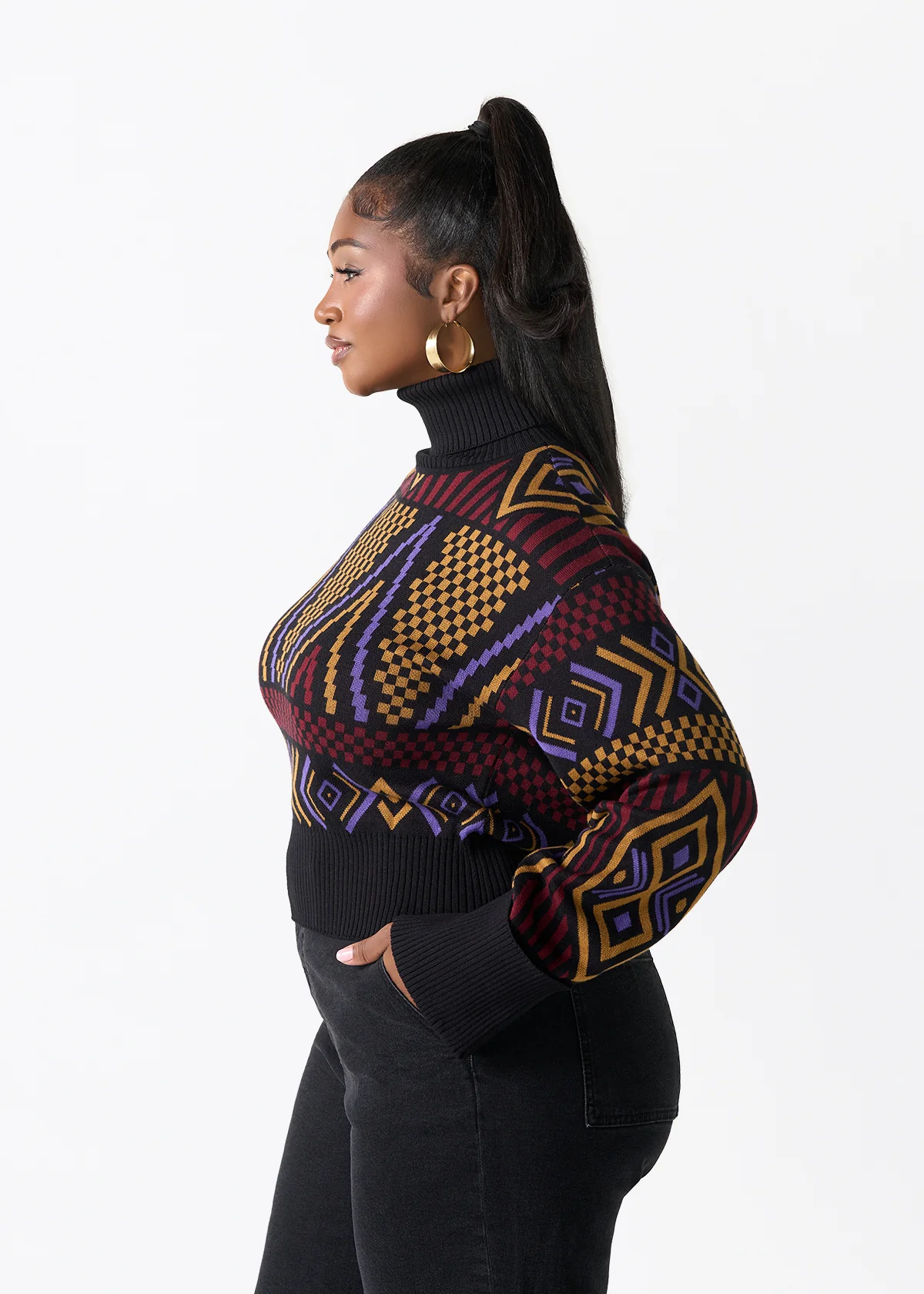 Noma Women's African Print Cropped Turtleneck Sweater (Black Burgundy Tribal) - Image 3