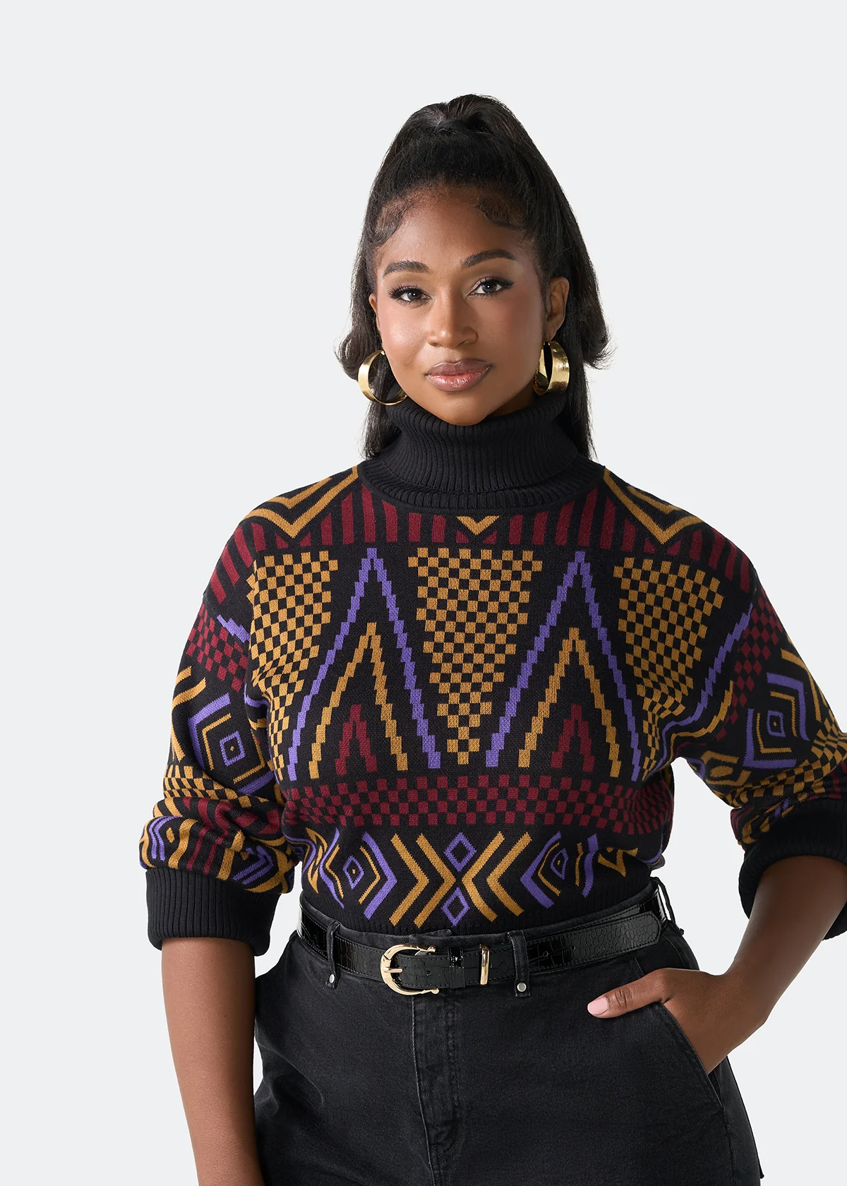 Noma Women's African Print Cropped Turtleneck Sweater (Black Burgundy Tribal) - Image 4