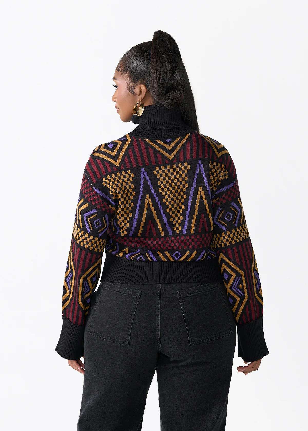 Noma Women's African Print Cropped Turtleneck Sweater (Black Burgundy Tribal) - Image 6