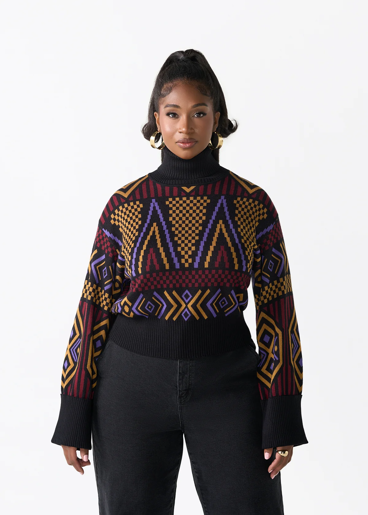 Noma Women's African Print Cropped Turtleneck Sweater (Black Burgundy Tribal) - Image 7