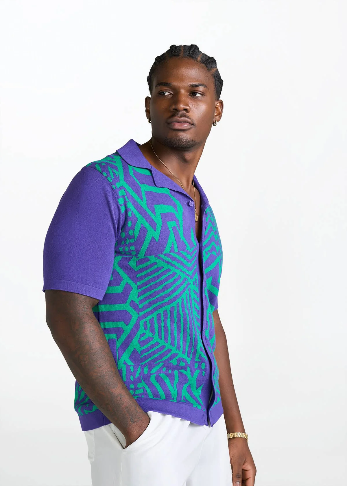 Obi Men's African Print Knit Shirt (Purple Turquoise Multipattern) - Image 4