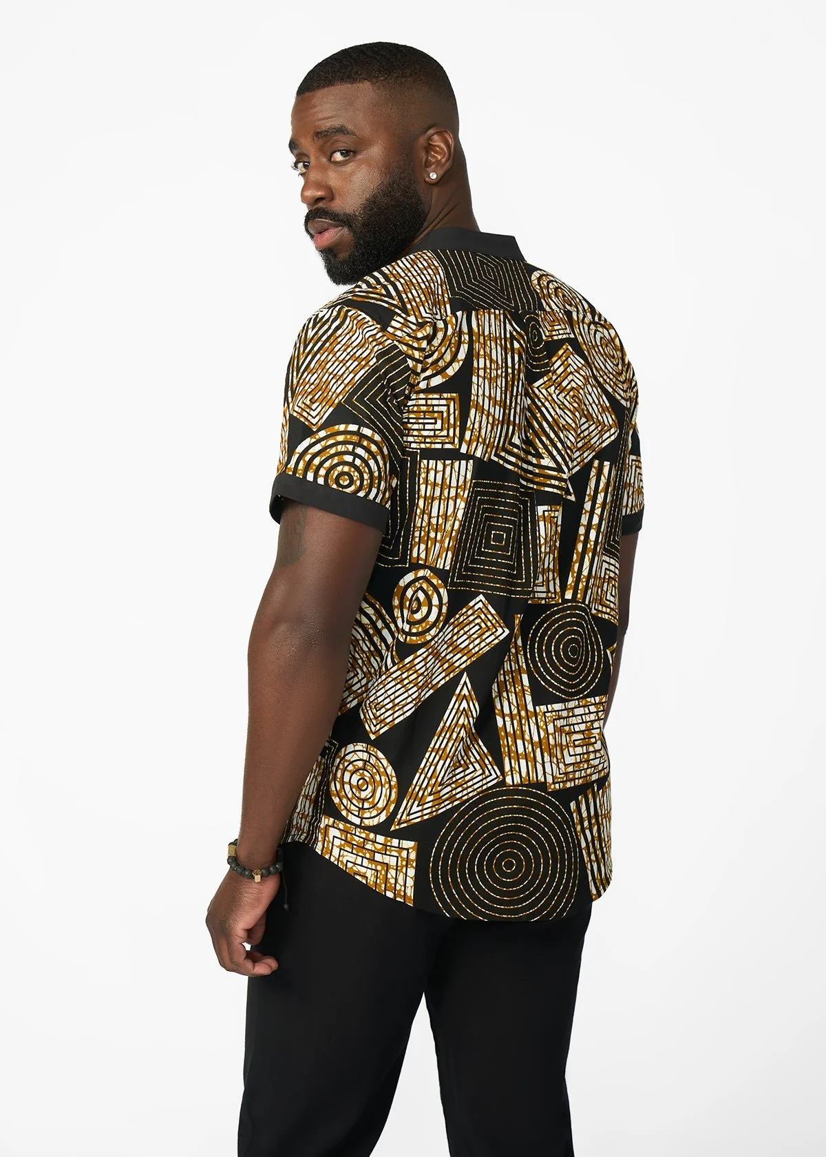 Olu Short Sleeve Mandarin Button-Up African Print Shirt (Black Brown Geometric) - Image 3
