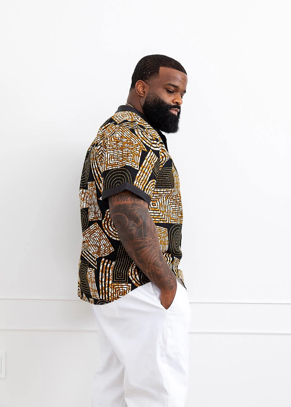 Olu Short Sleeve Mandarin Button-Up African Print Shirt (Black Brown Geometric) - Image 4