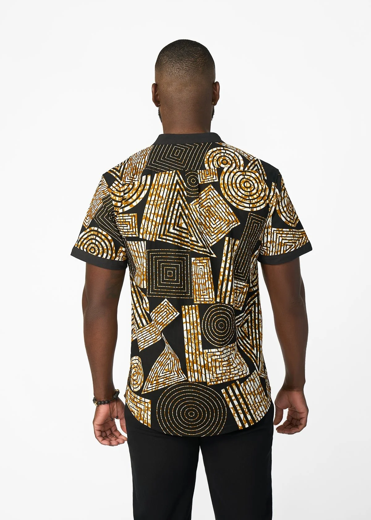 Olu Short Sleeve Mandarin Button-Up African Print Shirt (Black Brown Geometric) - Image 6