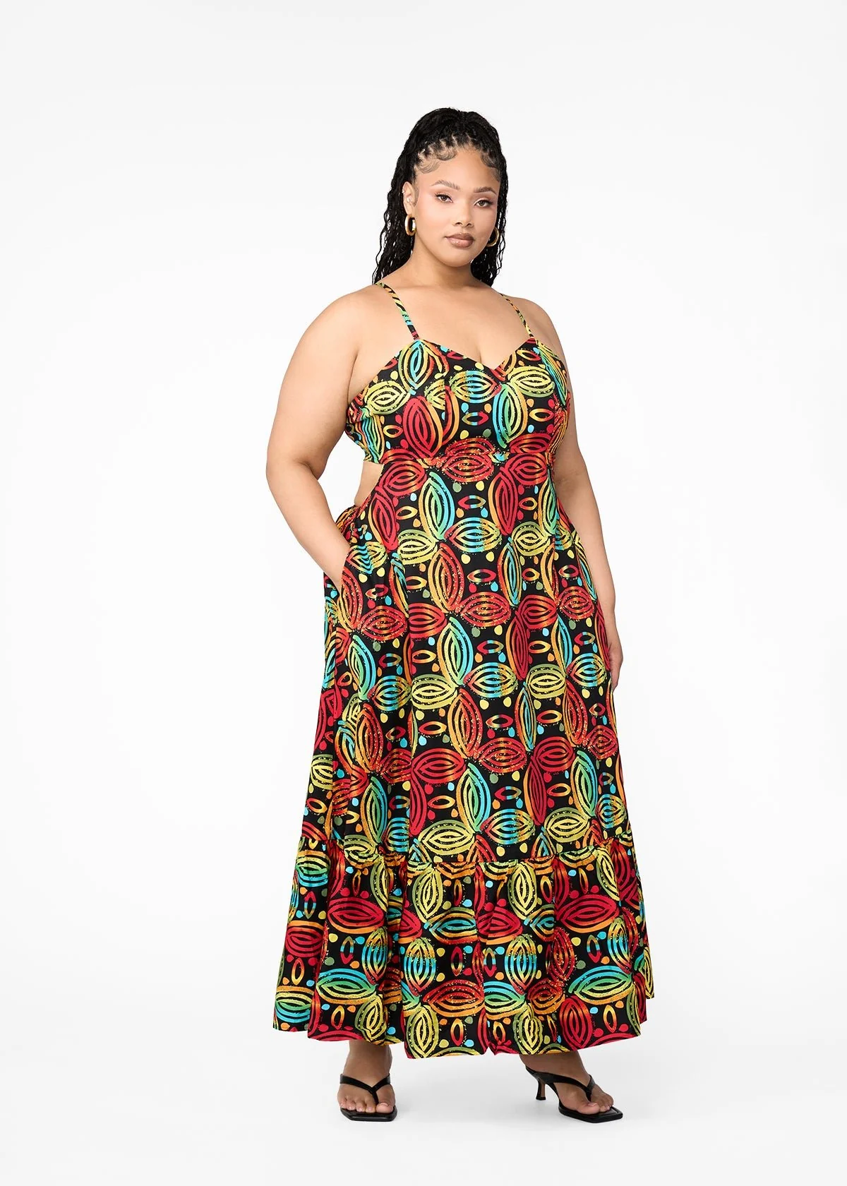 Oneyka Women's African Print Cut-Out Maxi Dress (Black Rasta Batik) - Image 5