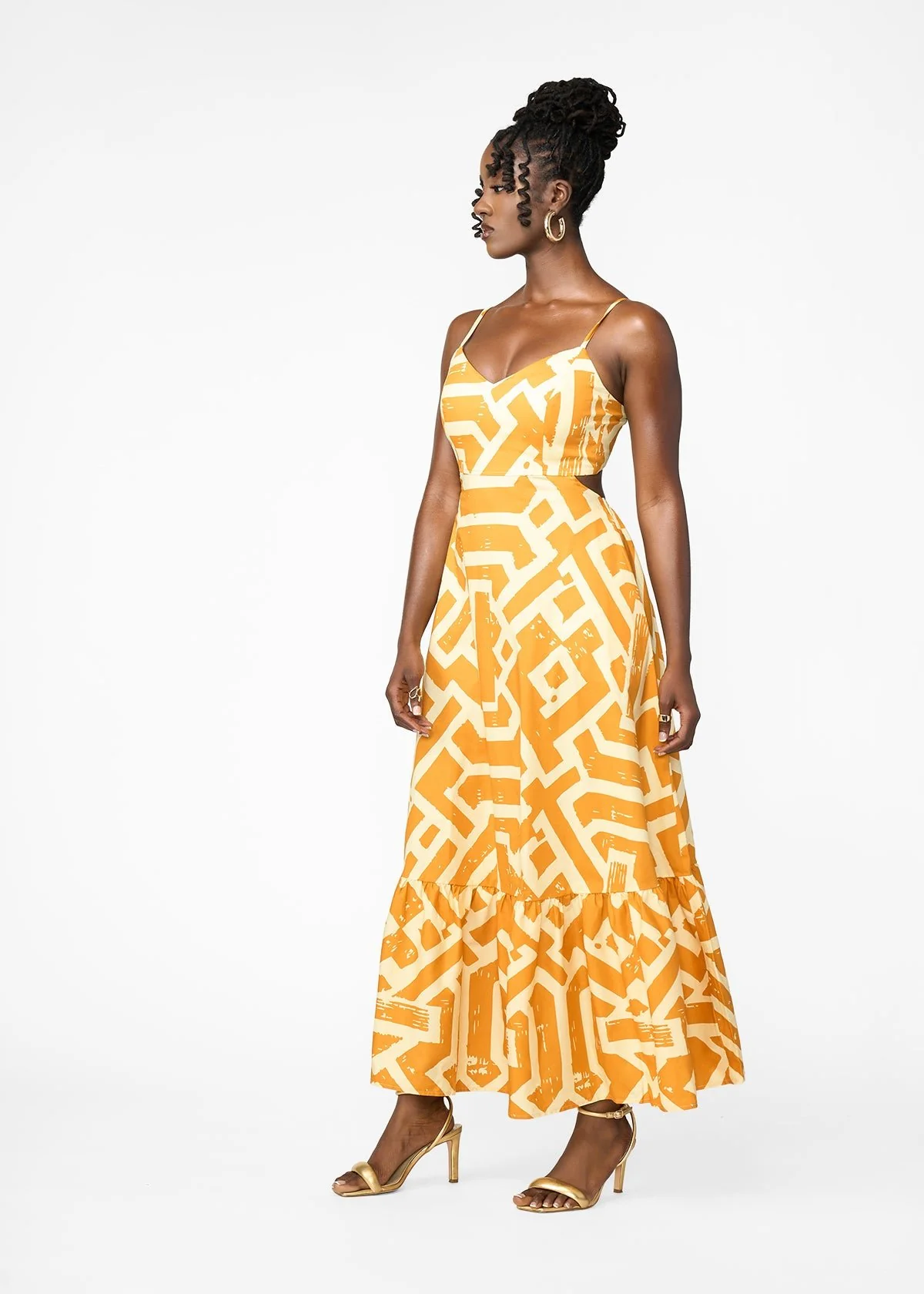 Oneyka Women's African Print Cut-Out Maxi Dress (Gold Cream Tribal) - Image 2