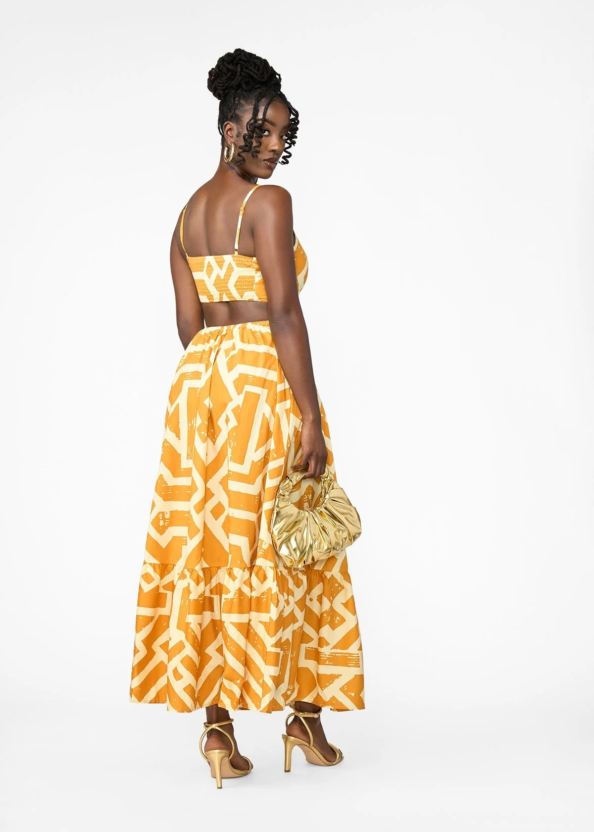 Oneyka Women's African Print Cut-Out Maxi Dress (Gold Cream Tribal) - Image 3
