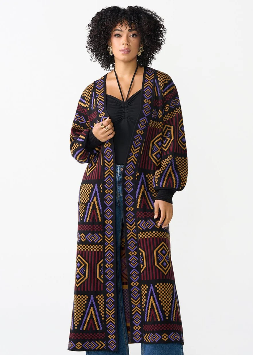 Oratile Women's African Print Cardigan (Black Burgundy Tribal)