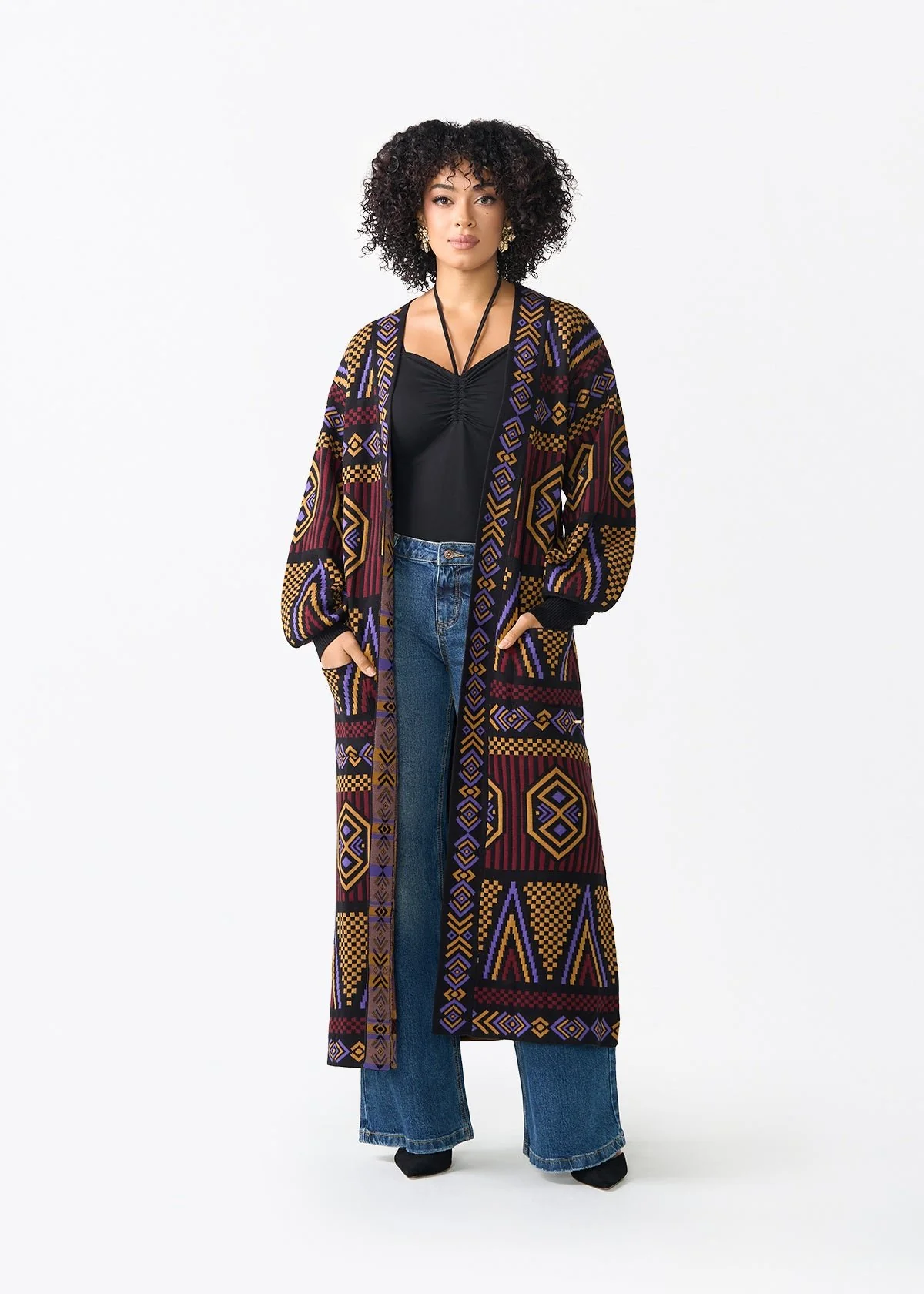 Oratile Women's African Print Cardigan (Black Burgundy Tribal) - Image 3