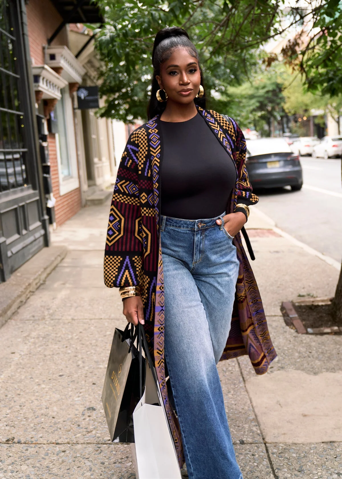 Oratile Women's African Print Cardigan (Black Burgundy Tribal) - Image 4