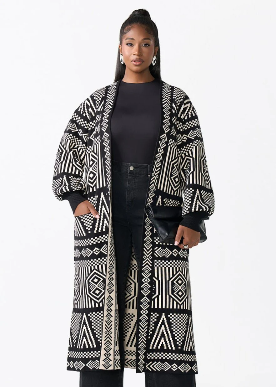 Oratile Women's African Print Cardigan (Black Cream Tribal)