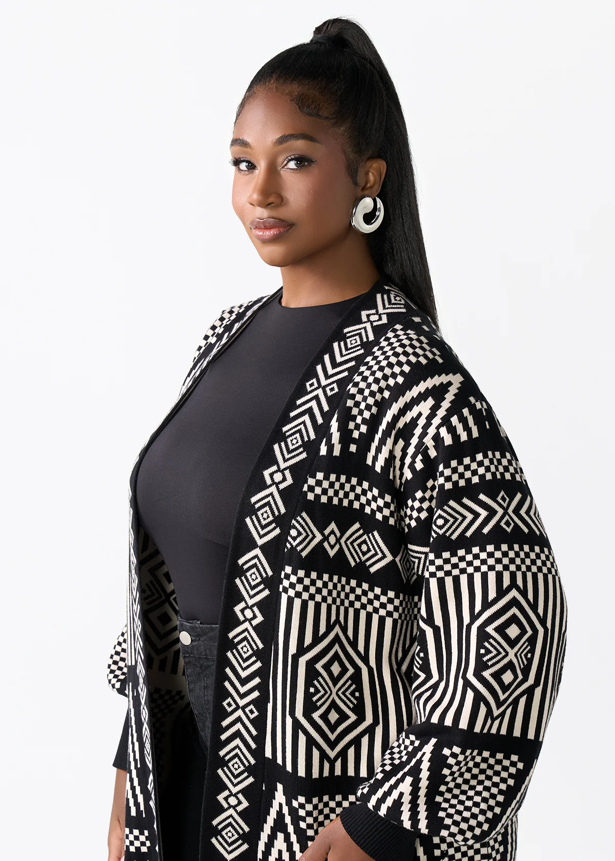 Oratile Women's African Print Cardigan (Black Cream Tribal) - Image 2