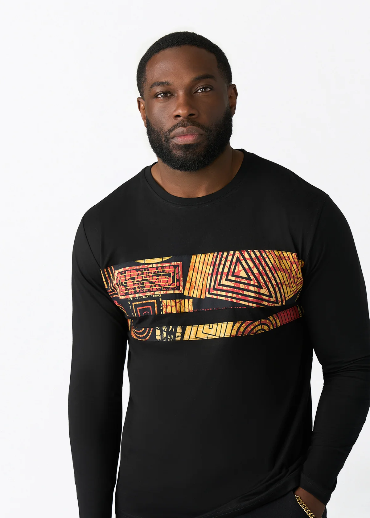 Ore Men's African Print Applique T-shirt (Black Cinnamon Geometric) - Clearance