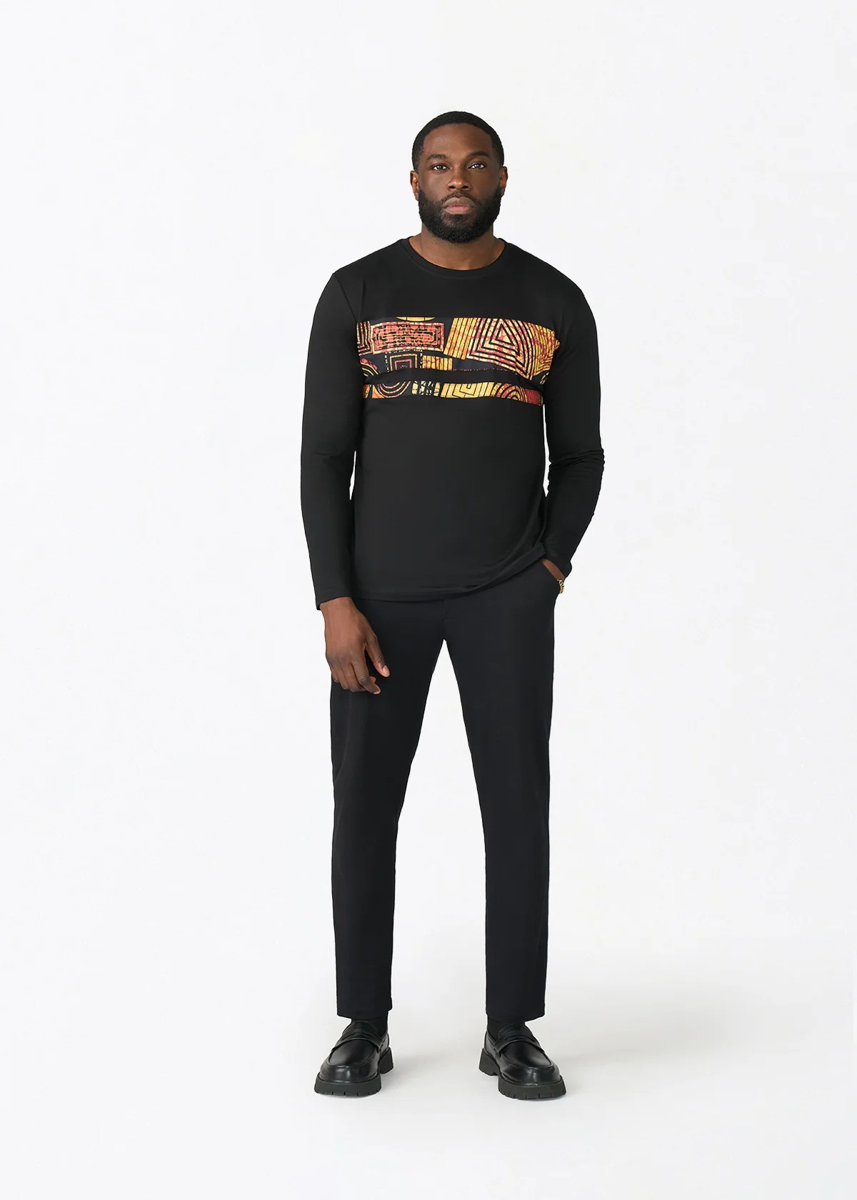 Ore Men's African Print Applique T-shirt (Black Cinnamon Geometric) - Clearance - Image 2