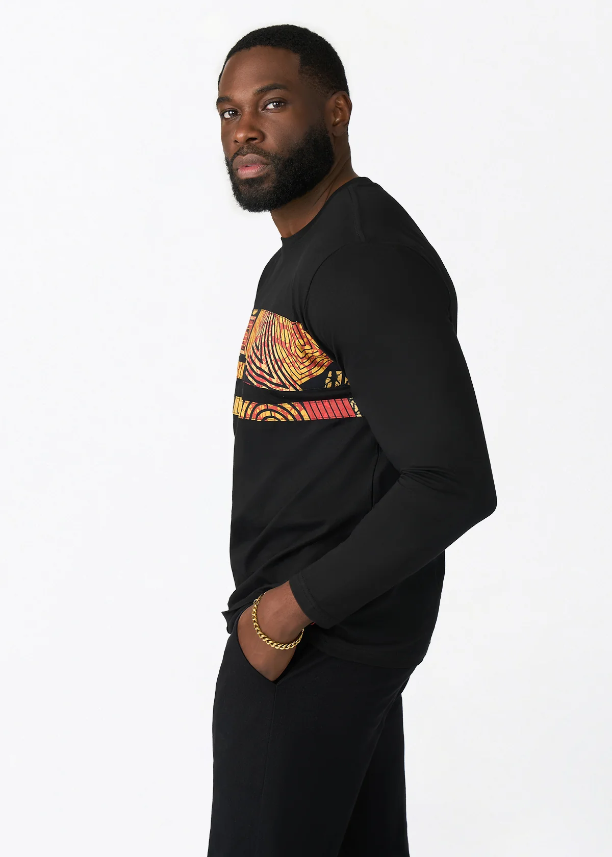 Ore Men's African Print Applique T-shirt (Black Cinnamon Geometric) - Clearance - Image 3