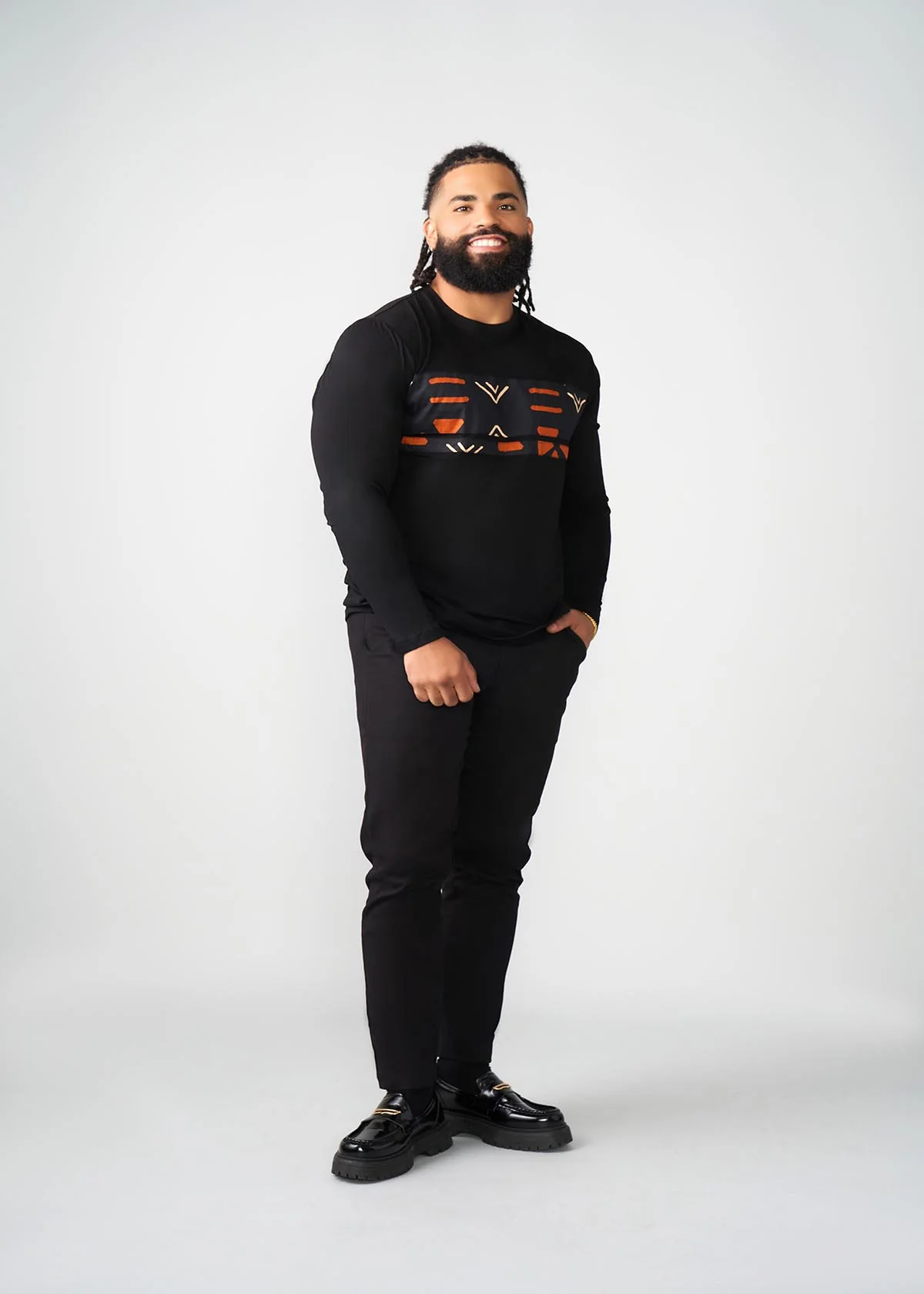 Ore Men's African Print Long Sleeve T-shirt (Black/Natural Mudcloth) - Image 2