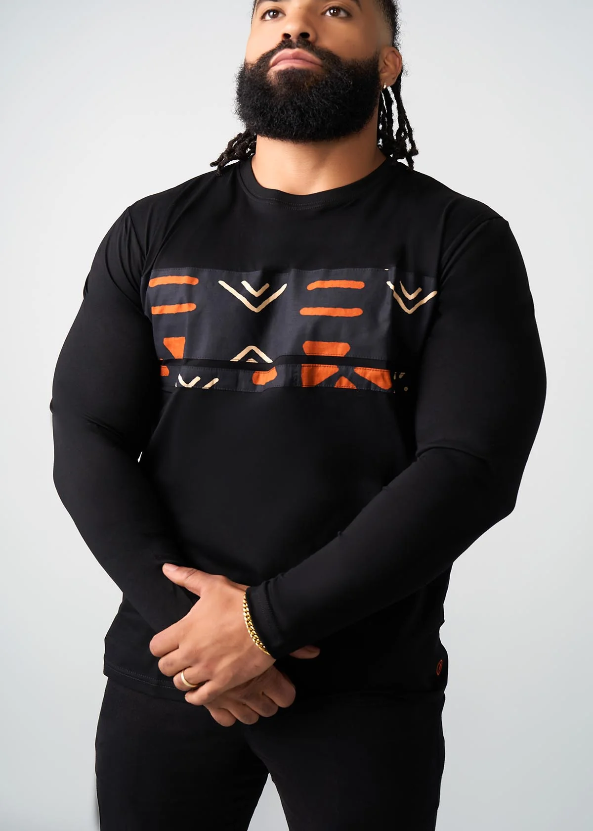 Ore Men's African Print Long Sleeve T-shirt (Black/Natural Mudcloth) - Image 3