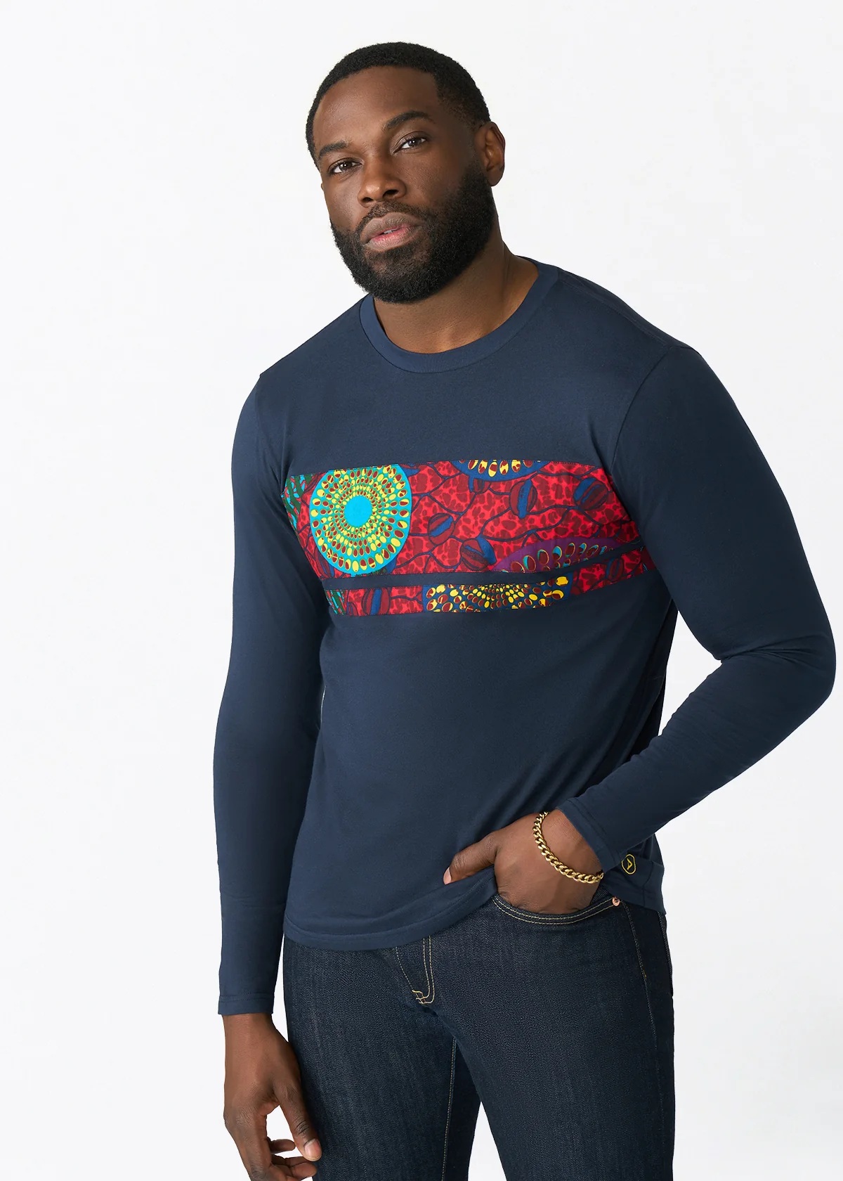Osei Men's Long Sleeve African Print Applique T-Shirt (New Harvest Multipattern) - Clearance