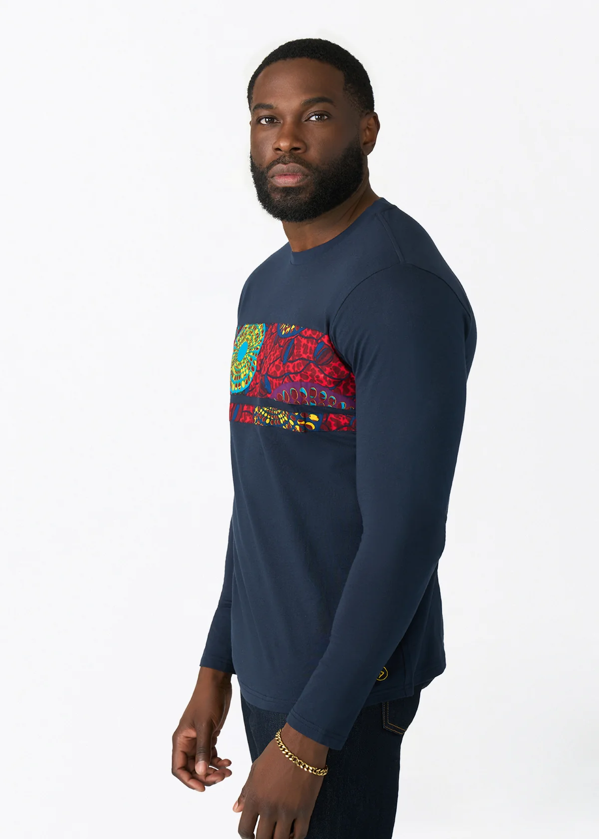 Osei Men's Long Sleeve African Print Applique T-Shirt (New Harvest Multipattern) - Clearance - Image 3