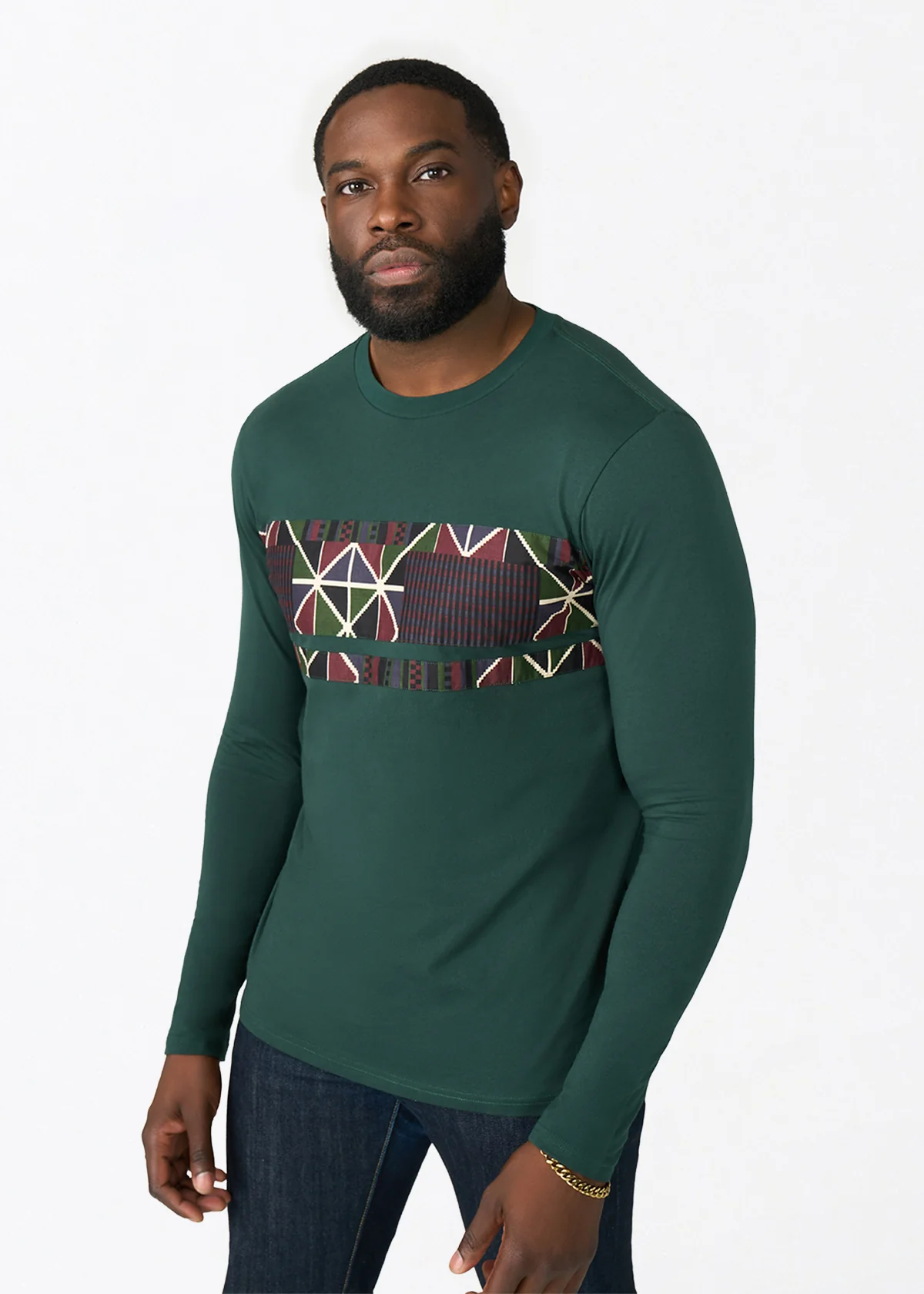 Osei Men's Long Sleeve African Print Applique T-Shirt (Black Red Kente) - Clearance