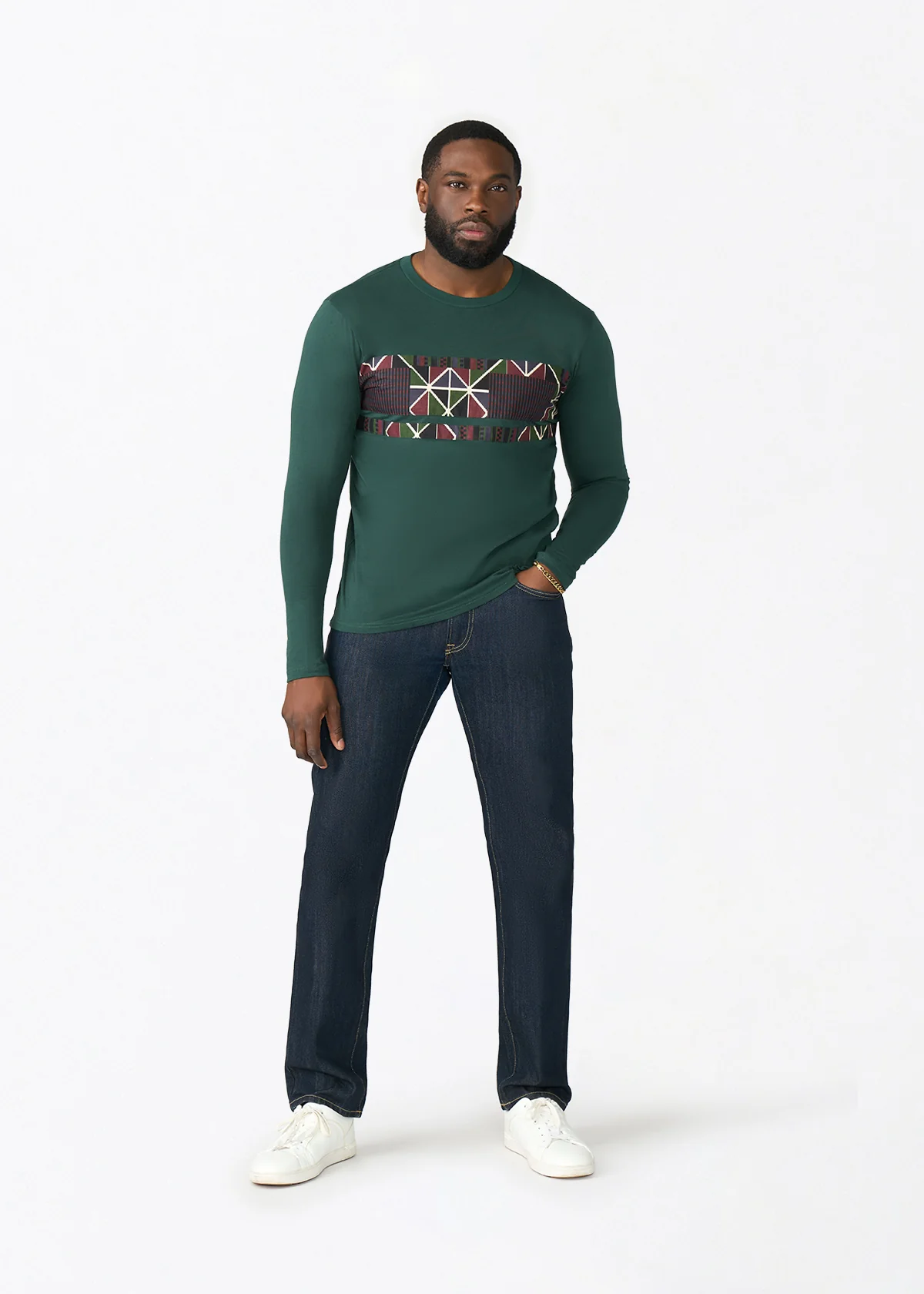 Osei Men's Long Sleeve African Print Applique T-Shirt (Black Red Kente) - Clearance - Image 2
