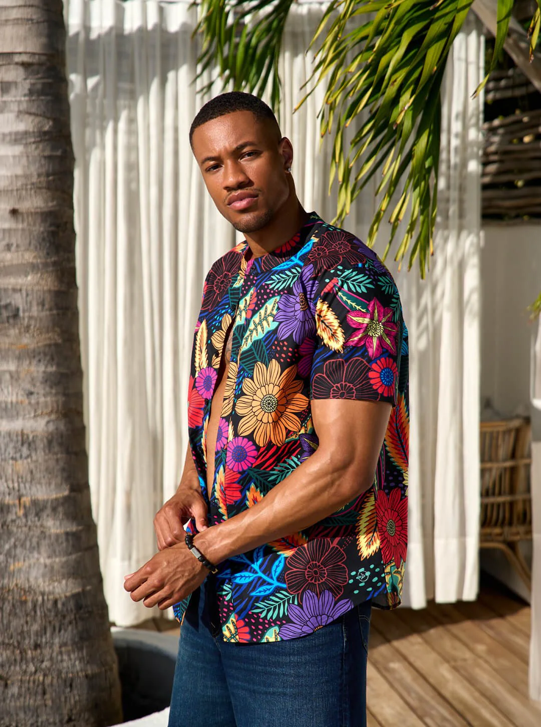 Oumar Men's African Print Mandarin Button-Up Shirt (Black Tropical Floral)