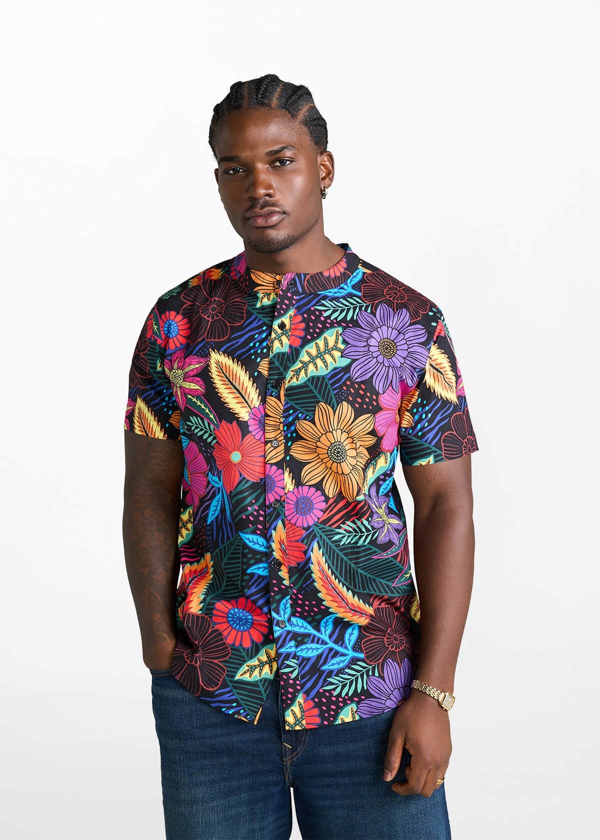 Oumar Men's African Print Mandarin Button-Up Shirt (Black Tropical Floral) - Image 2