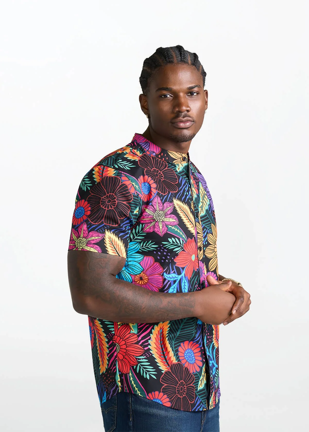 Oumar Men's African Print Mandarin Button-Up Shirt (Black Tropical Floral) - Image 3
