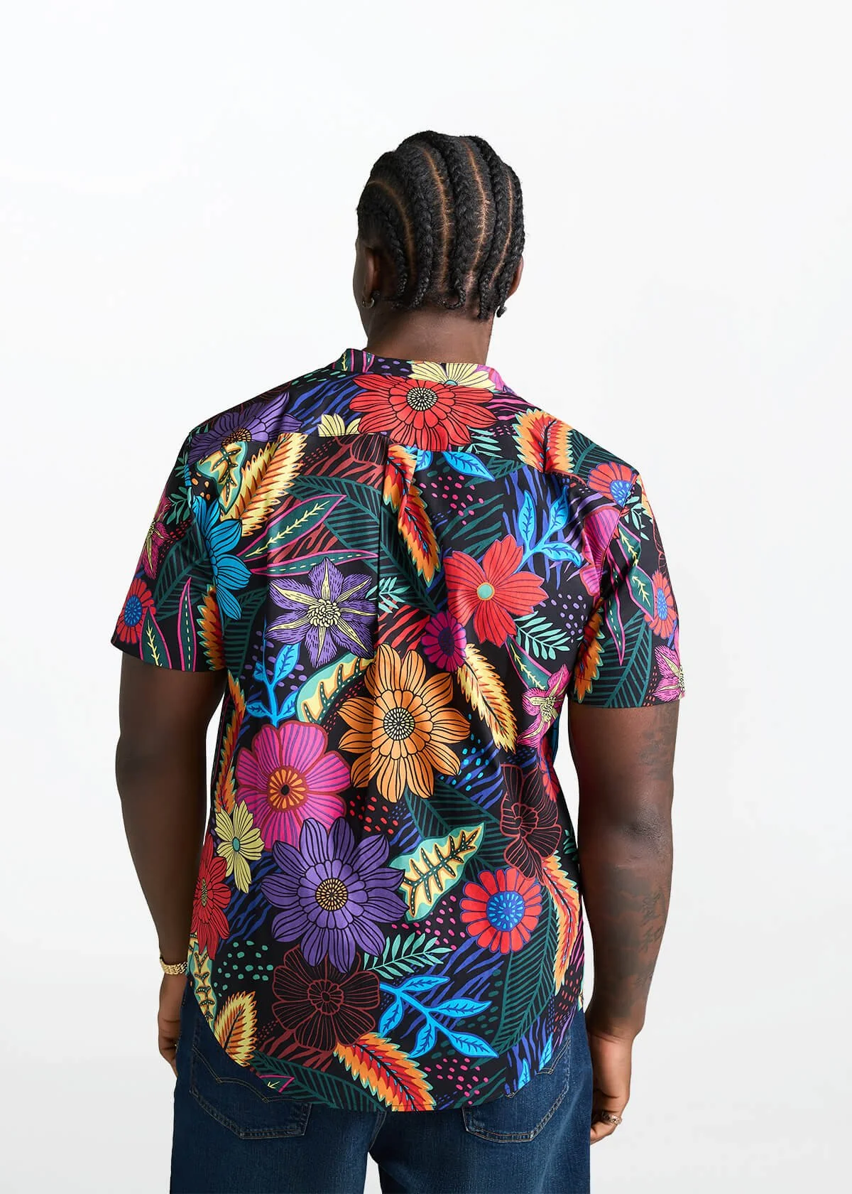 Oumar Men's African Print Mandarin Button-Up Shirt (Black Tropical Floral) - Image 4