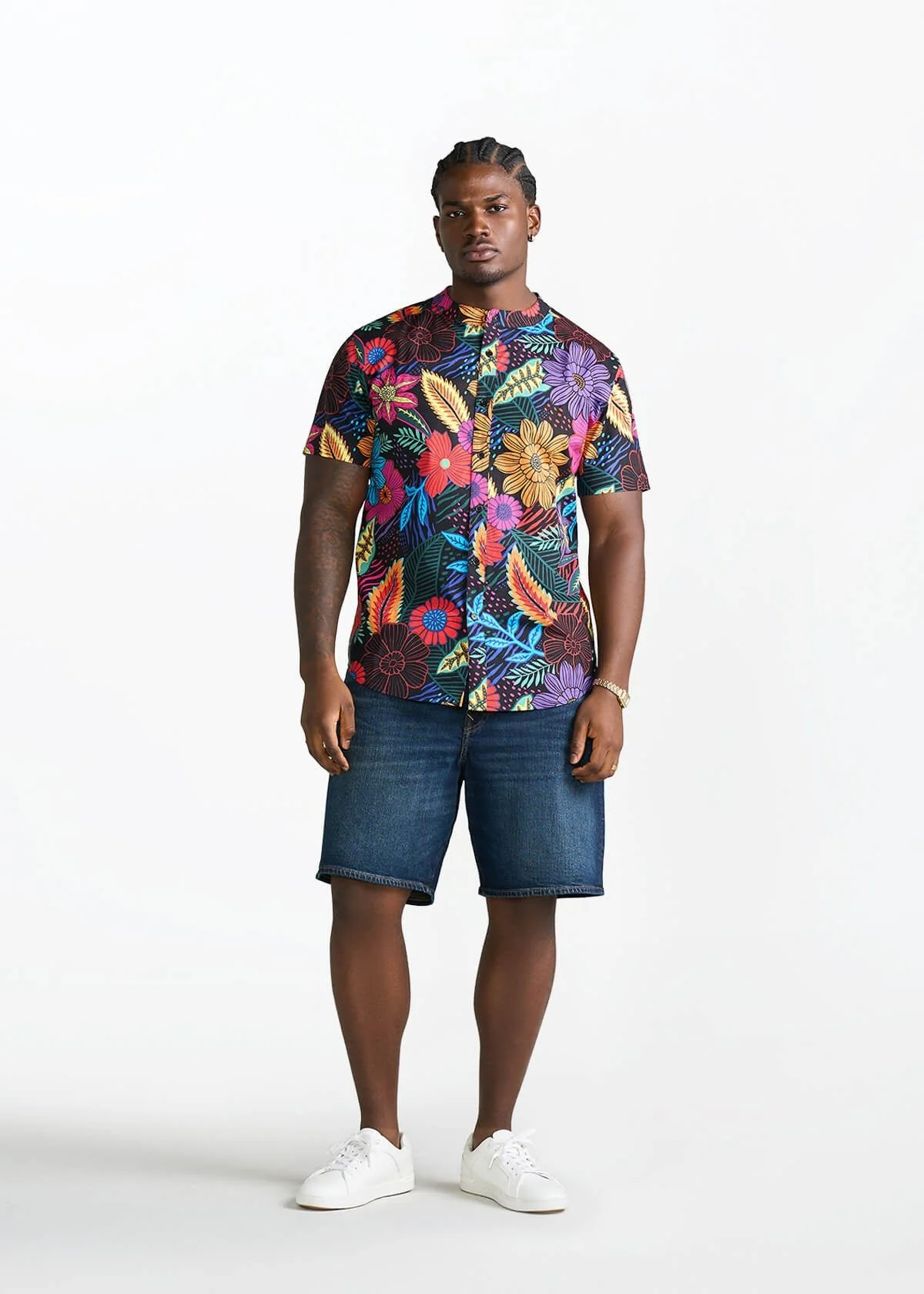 Oumar Men's African Print Mandarin Button-Up Shirt (Black Tropical Floral) - Image 5