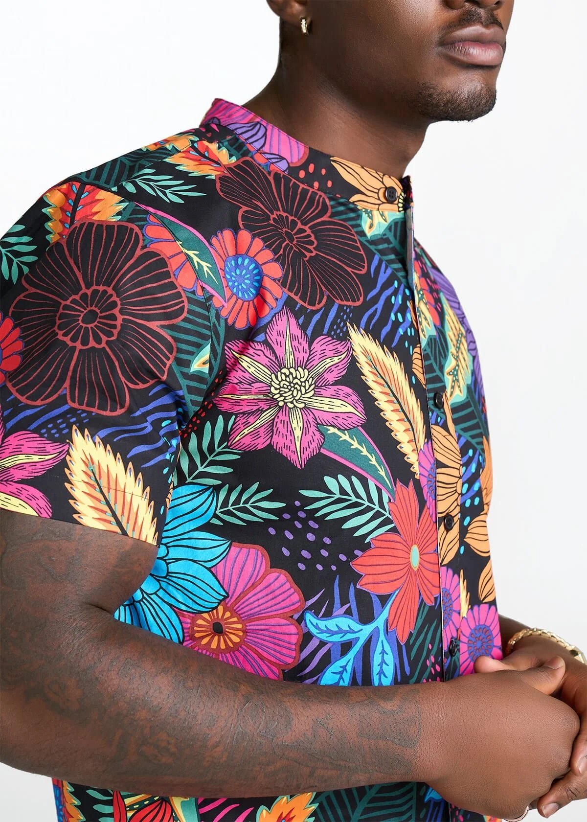 Oumar Men's African Print Mandarin Button-Up Shirt (Black Tropical Floral) - Image 6