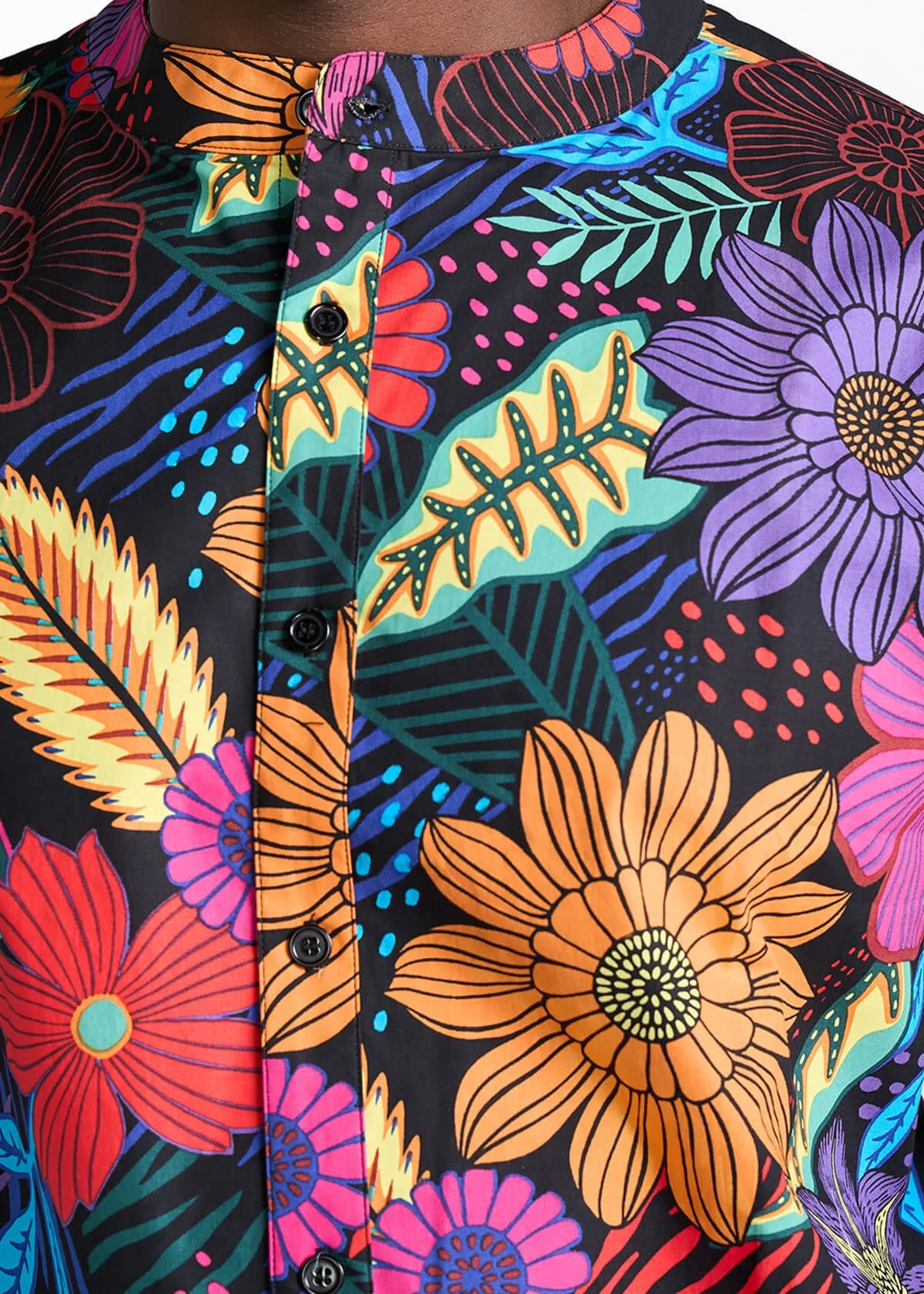 Oumar Men's African Print Mandarin Button-Up Shirt (Black Tropical Floral) - Image 7
