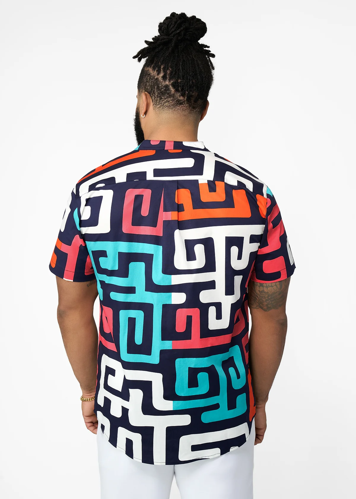 Oumar Men's African Print Mandarin Button-up Shirt (Confetti Kuba) - Image 3