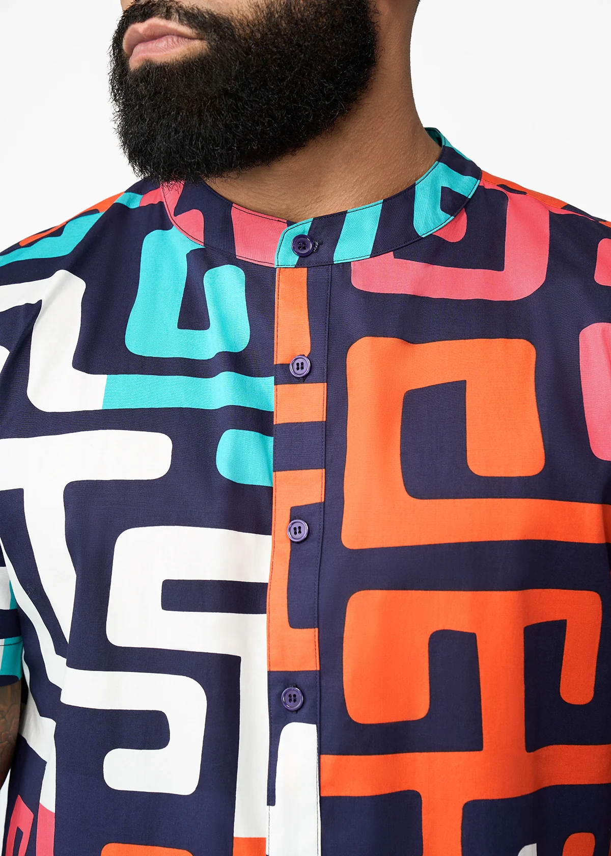 Oumar Men's African Print Mandarin Button-up Shirt (Confetti Kuba) - Image 4