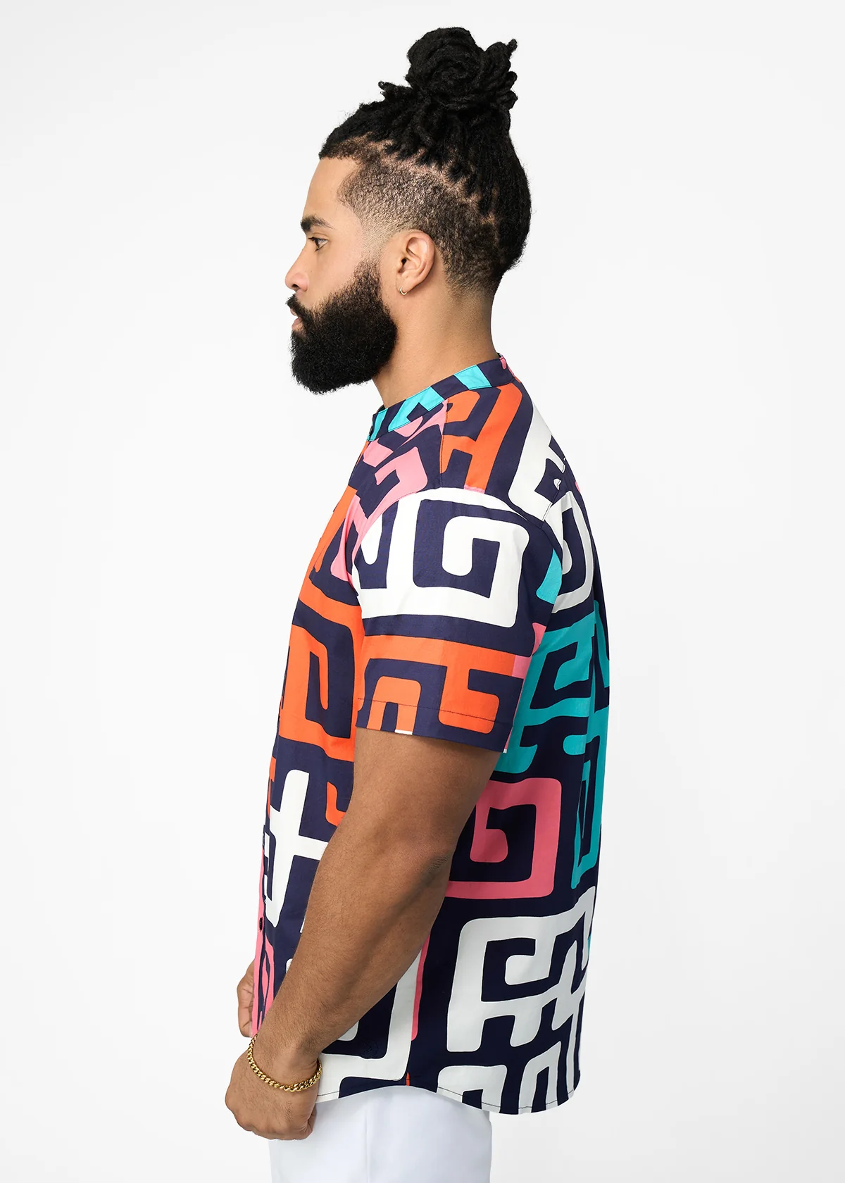 Oumar Men's African Print Mandarin Button-up Shirt (Confetti Kuba) - Image 5