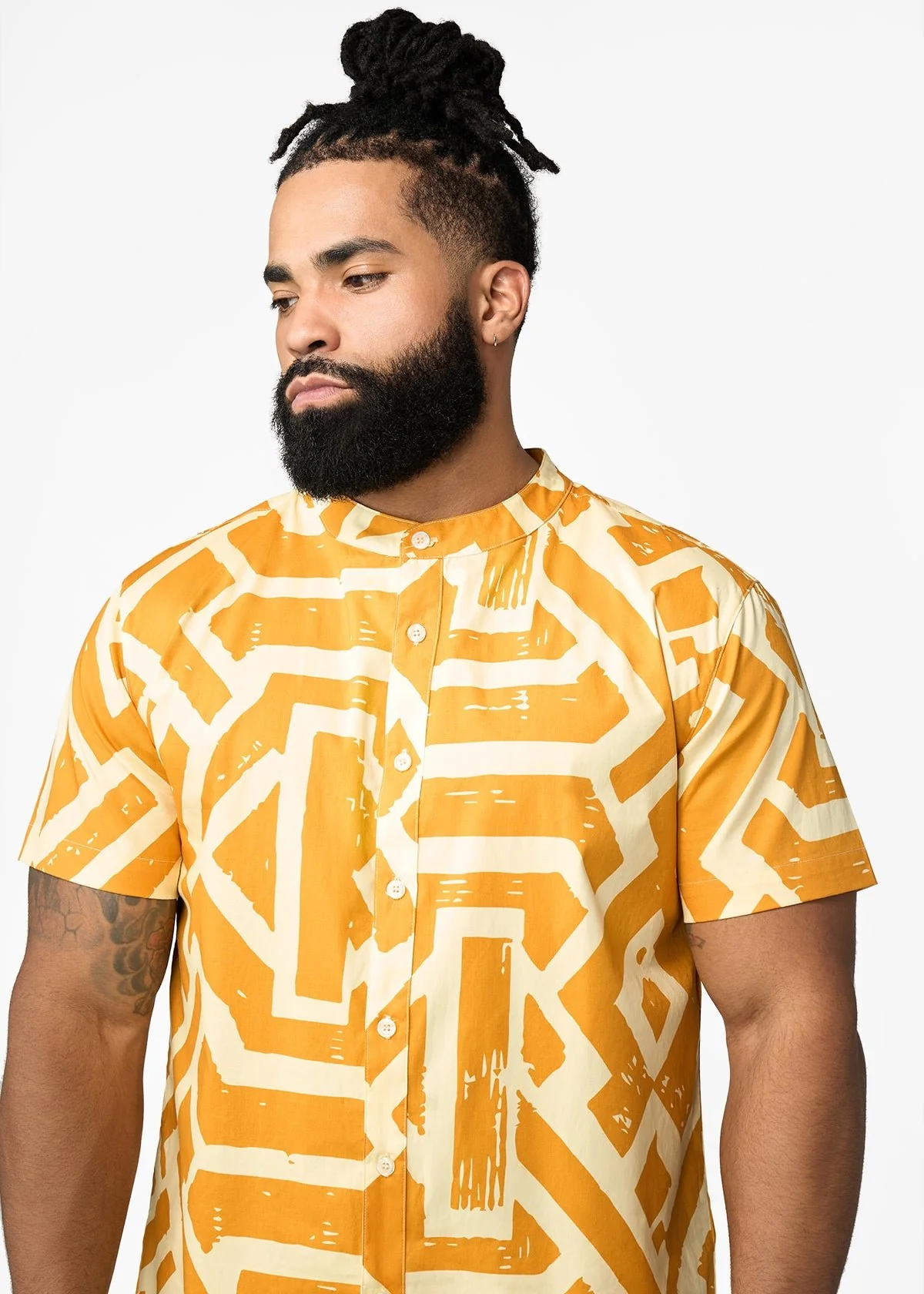 Oumar Men's African Print Mandarin Button-up Shirt (Gold Cream Tribal)