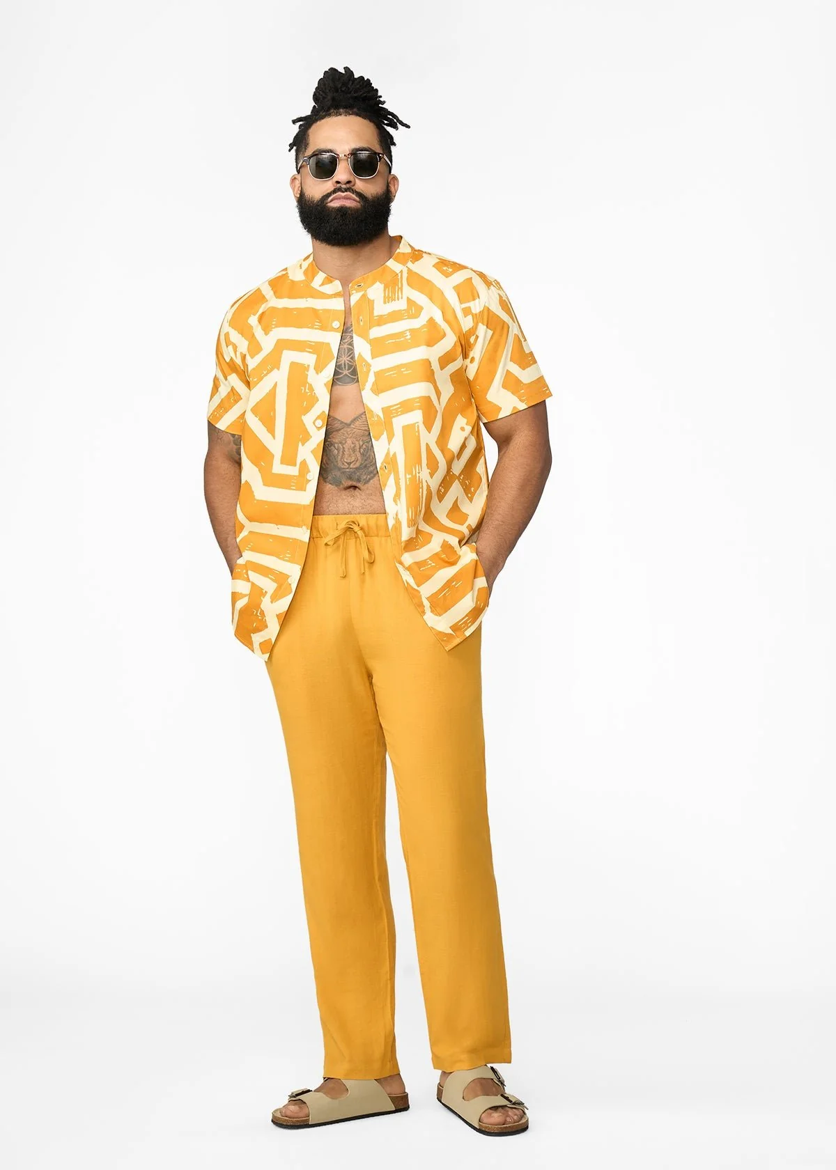 Oumar Men's African Print Mandarin Button-up Shirt (Gold Cream Tribal) - Image 2