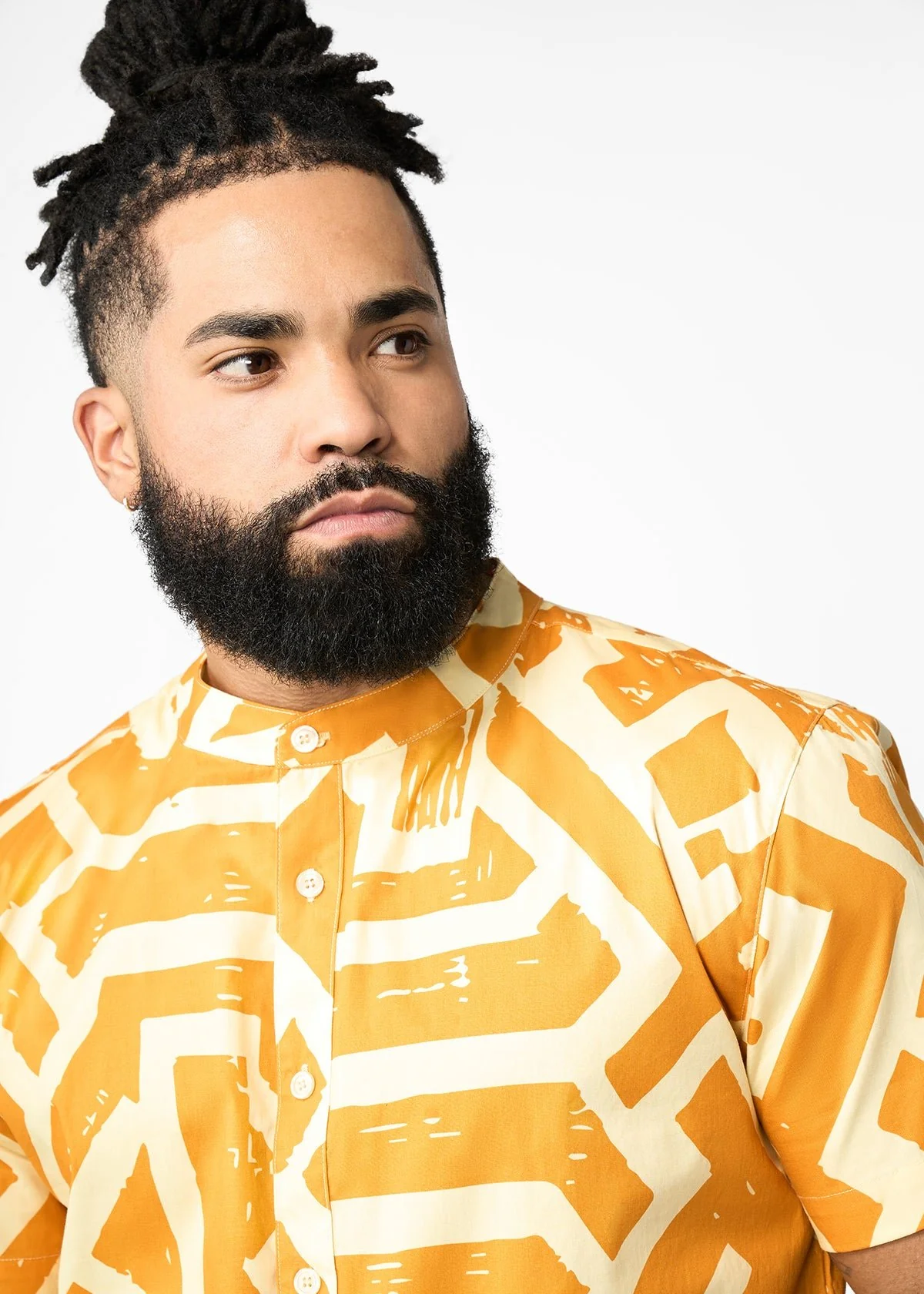 Oumar Men's African Print Mandarin Button-up Shirt (Gold Cream Tribal) - Image 3