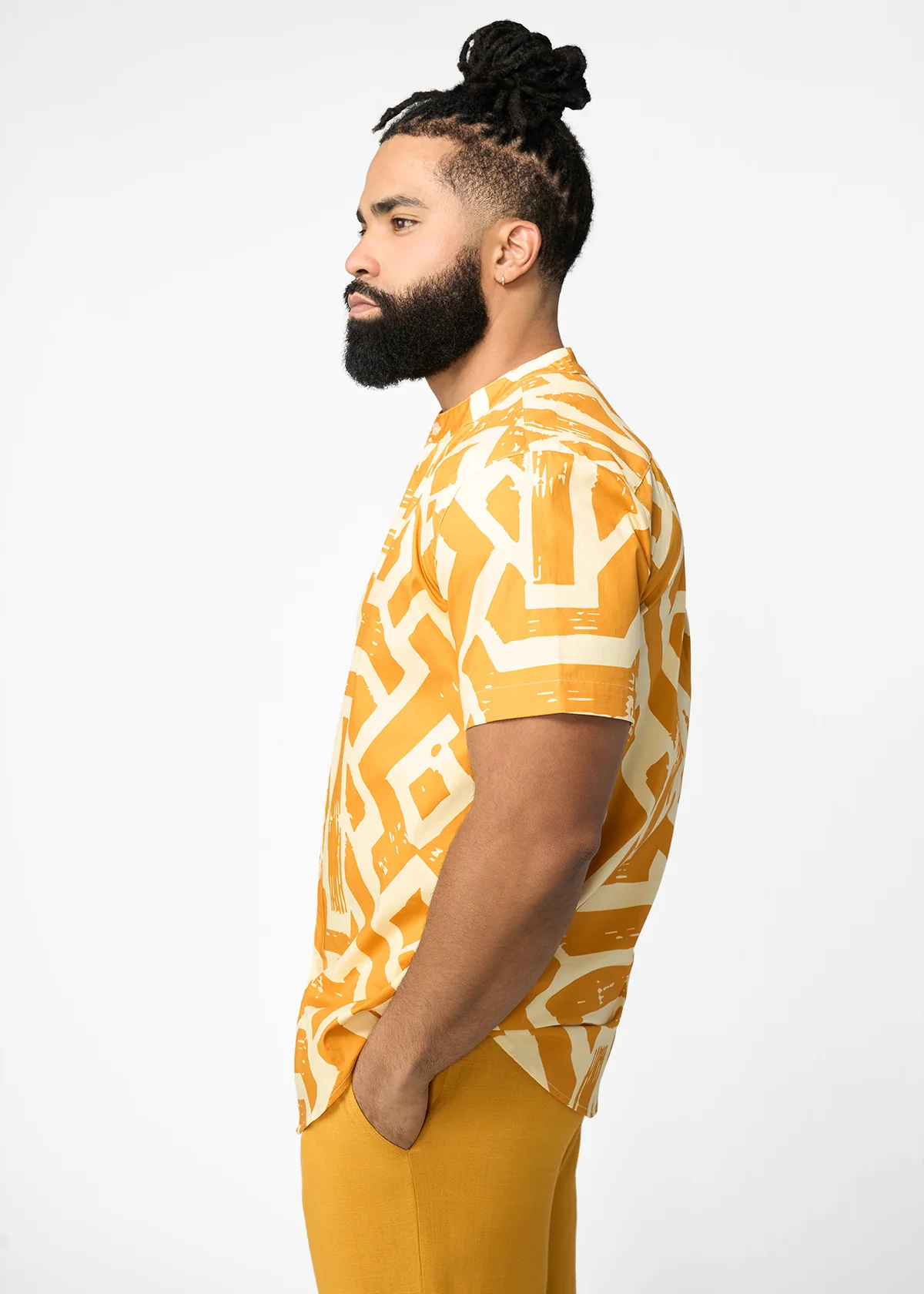 Oumar Men's African Print Mandarin Button-up Shirt (Gold Cream Tribal) - Image 4