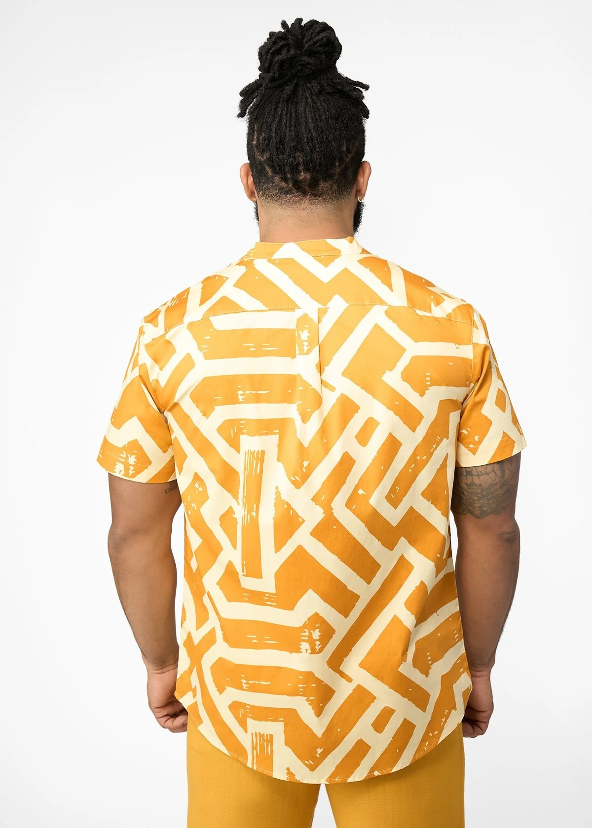 Oumar Men's African Print Mandarin Button-up Shirt (Gold Cream Tribal) - Image 6